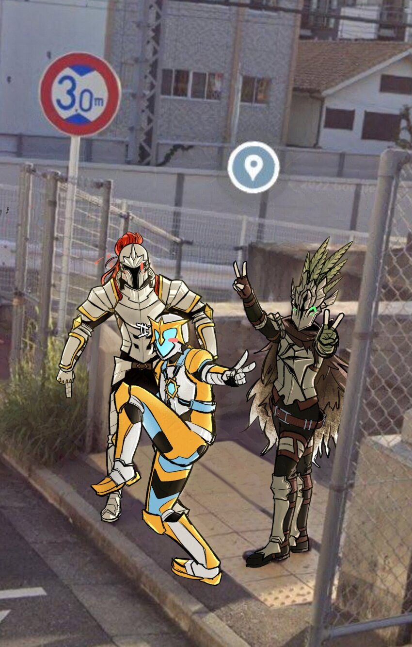 2boys absurdres ahn_jiwon_(the_warrior_returns) armor character_request double_v full_armor high_school_girls_posing_for_google_street_view_(meme) highres kim_minsu looking_at_viewer multiple_boys red_eyes red_hair the_warrior_returns v