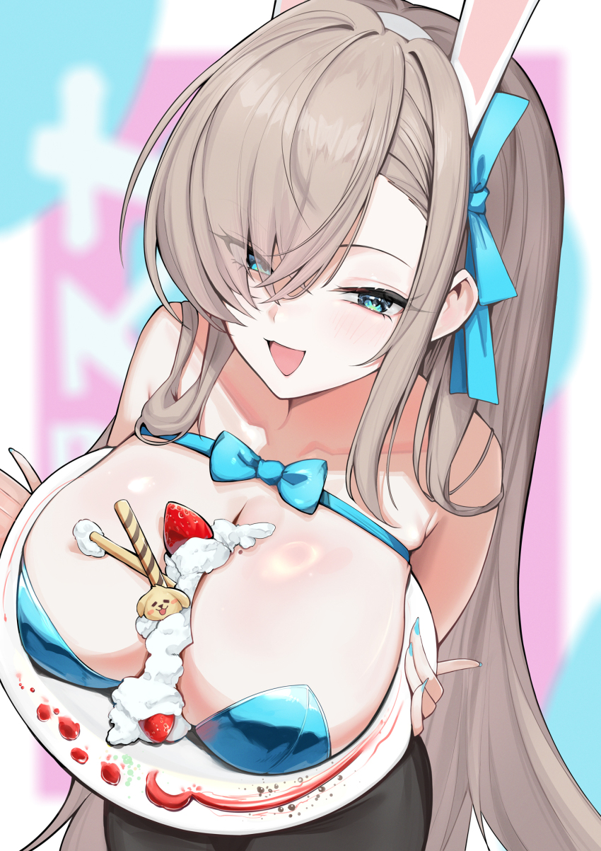 1girl aqua_eyes aqua_leotard asuna_(blue_archive) asuna_(bunny)_(blue_archive) bare_shoulders between_breasts black_pantyhose blue_archive breasts breasts_on_tray brown_hair cleavage cream food from_above fruit hair_over_one_eye highres holding holding_tray large_breasts leotard long_hair mole mole_on_breast open_mouth pantyhose seoly_ouo solo standing strawberry tray very_long_hair
