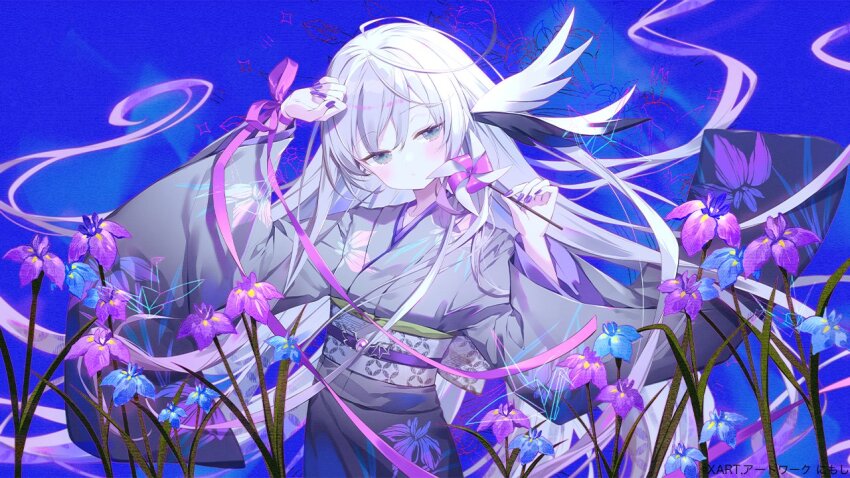 blue_background blue_flower flower ibara_riato japanese_clothes kimono long_hair nail_polish original pink_flower pinwheel purple_flower very_long_hair white_hair yukata