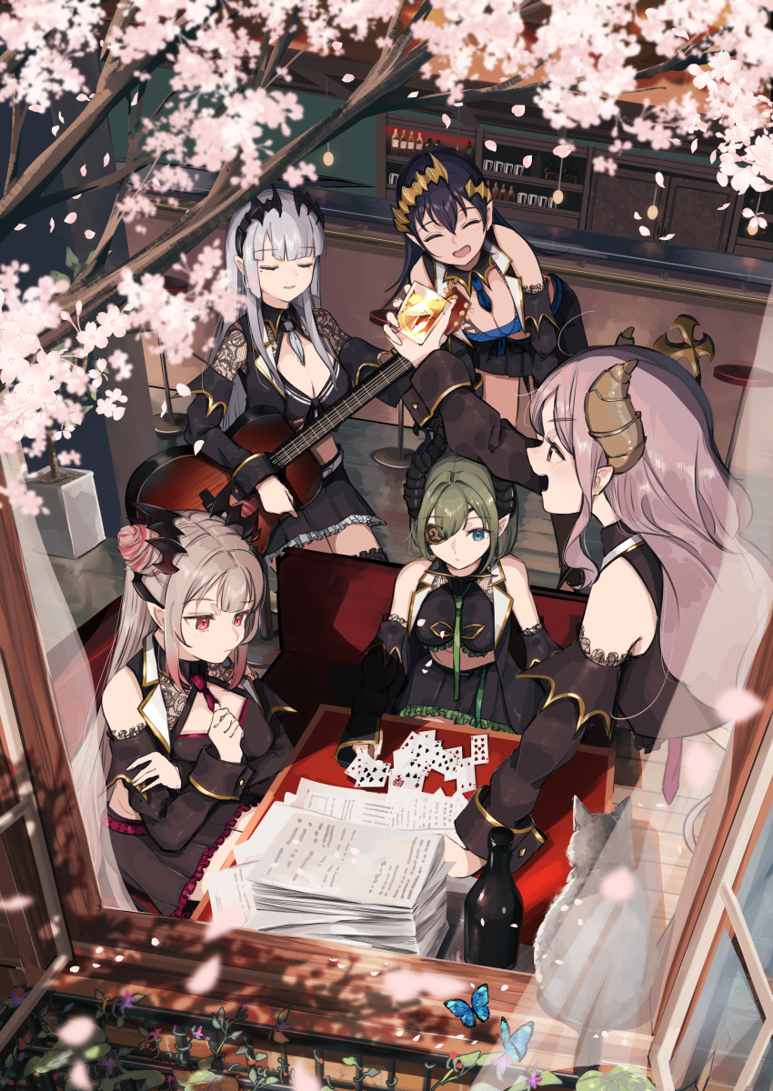 5girls absurdres ace_(playing_card) ace_of_spades acoustic_guitar bar_(place) between_breasts black_hair black_shirt black_skirt black_sleeves blue_butterfly blue_eyes blue_necktie blush bottle branch breasts brown_horns bug butterfly card cherry_blossoms cleavage closed_eyes closed_mouth commentary_request cone_hair_bun counter cowboy_shot crop_top cup curled_horns day demon_girl demon_horns demon_tail detached_sleeves double_bun eight_of_diamonds_(playing_card) eyepatch falling_petals four_of_diamonds four_of_hearts green_necktie grey_cat grey_hair grey_necktie guitar hair_bun highres holding holding_guitar holding_instrument honey_strap horns indoors insect instrument lace_sleeves large_breasts leaning_forward looking_at_another multiple_girls nanashi_inc. necktie necktie_between_breasts nine_of_hearts ogura_tubuan open_clothes open_mouth open_vest open_window papers petals plant playing_card pointy_ears potted_plant purple_eyes red_eyes red_necktie restaurant saionji_mary saionji_mary_(1st_costume) sekishiro_mico sekishiro_mico_(1st_costume) seven_of_hearts seven_of_spades shimamura_charlotte shimamura_charlotte_(1st_costume) shirt sidelocks six_of_hearts skirt sleeveless sleeveless_shirt smile sougetsu_eli spade_(shape) stool suou_patra suou_patra_(1st_costume) table tail vest virtual_youtuber white_vest window wine_bottle