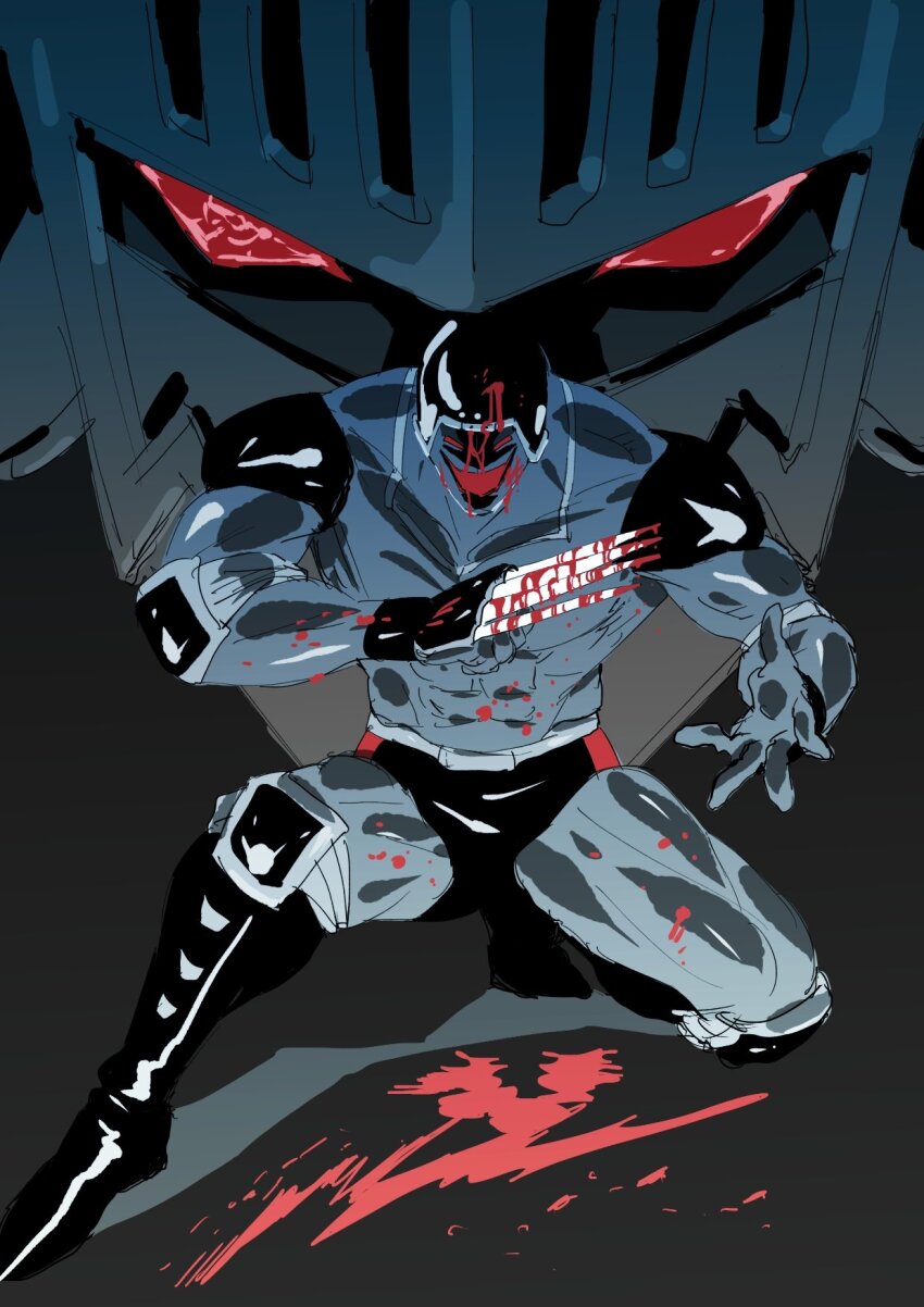 2boys abs artist_request blood blood_on_face blood_on_hands claw_(weapon) clenched_hand creepy evil_grin evil_smile full_body grin helmet highres kinnikuman large_pectorals looking_at_viewer manly mask master_and_pupil multiple_boys muscular pectorals red_eyes robin_mask sadism shaded_face simple_background smile warsman weapon wrestling wrestling_outfit