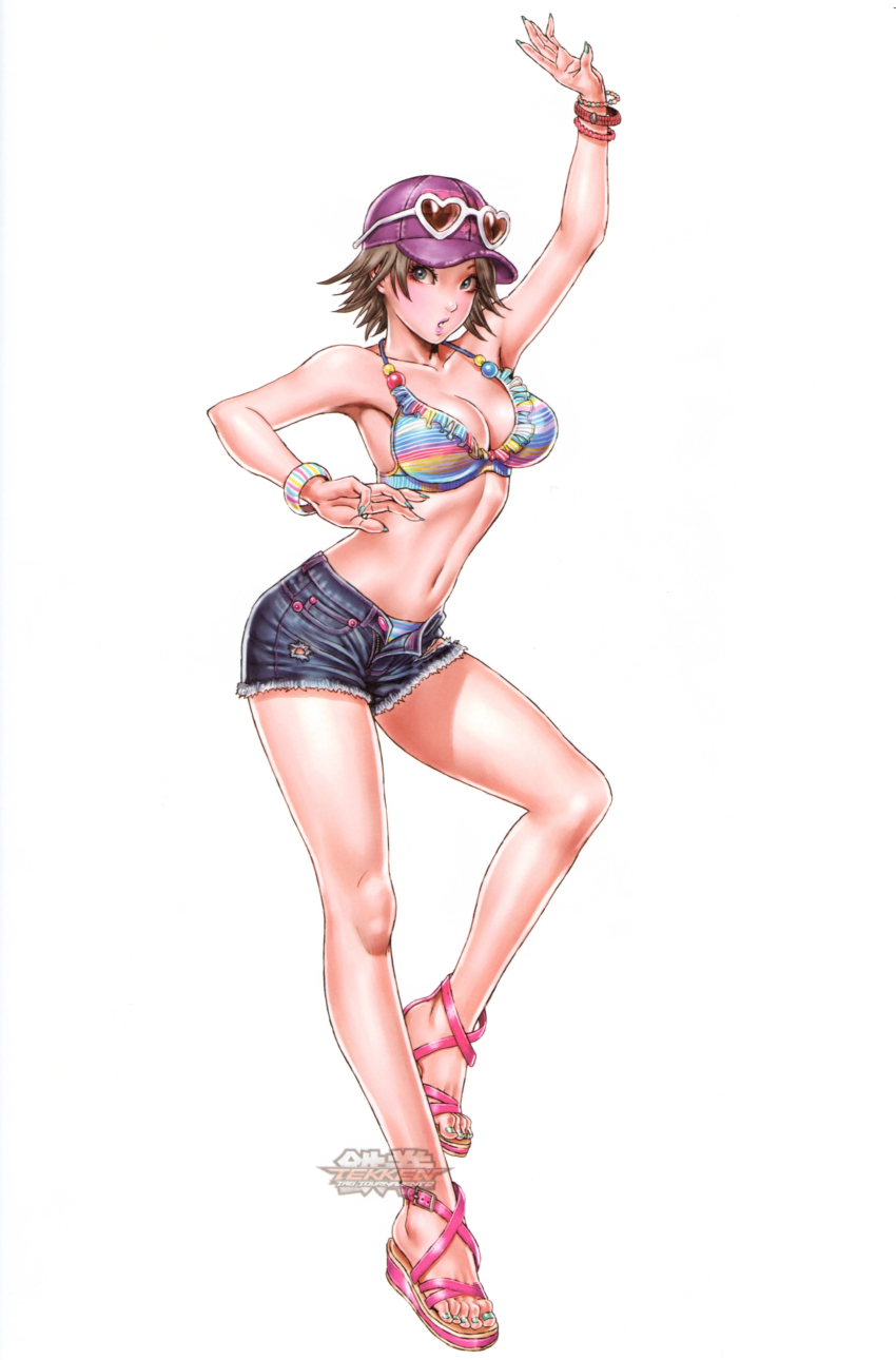 1girl absurdres bangle baseball_cap bikini bikini_top_only bracelet breasts brown_eyes brown_hair cleavage copyright_name denim denim_shorts eyewear_on_head green_eyes green_nails hat heart heart-shaped_eyewear heart-shaped_glasses heart-shaped_sunglasses highres hirano_miharu jewelry leg_up medium_breasts nail_polish namco navel official_art panties parted_lips pink_sandals sandals short_hair short_shorts shorts smile solo striped_bikini striped_bikini_top striped_clothes sunglasses swimsuit teeth tekken tekken_tag_tournament_2 toenail_polish toenails underwear watermark yamashita_shun&#039;ya