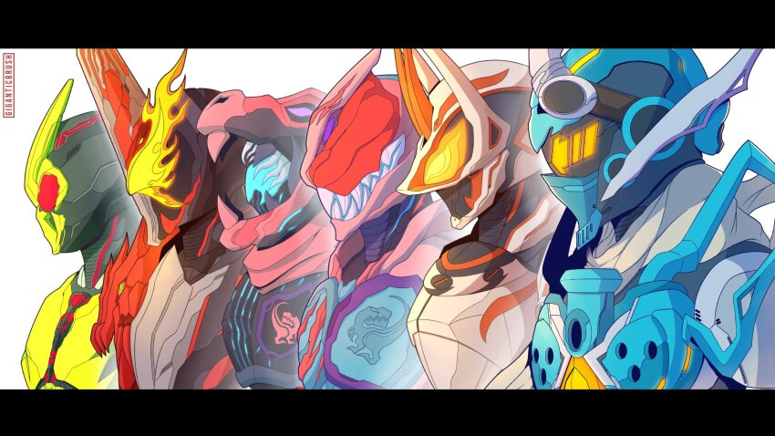 6+boys adapted_costume armor assault_visor blue_armor blue_helmet covering_face fox_mask giganticbrush goggles goggles_on_head helmet highres in-franchise_crossover kamen_rider kamen_rider_01_(series) kamen_rider_geats kamen_rider_geats_(series) kamen_rider_gotchard kamen_rider_gotchard_(series) kamen_rider_revi kamen_rider_revice kamen_rider_saber kamen_rider_saber_(series) kamen_rider_vice kamen_rider_zero-one mask multiple_boys neon_palette power_armor red_armor red_eyes red_helmet sharp_teeth simple_background teeth tokusatsu white_armor white_background white_helmet