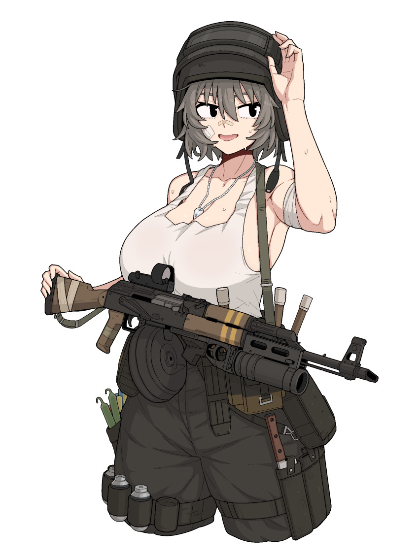 1girl absurdres bandage_on_face bandaged_arm bandages between_breasts black_eyes breasts cargo_pants cleavage combat_helmet commentary_request cropped_legs formicid grey_hair gun gun_sling helmet highres korean_commentary large_breasts looking_to_the_side necklace_between_breasts original pants pouch rifle short_hair simple_background solo stalker_(game) stalker_2:_heart_of_chornobyl stalker_2_(game) tank_top thigh_pouch toned toned_female wavy_hair weapon white_background