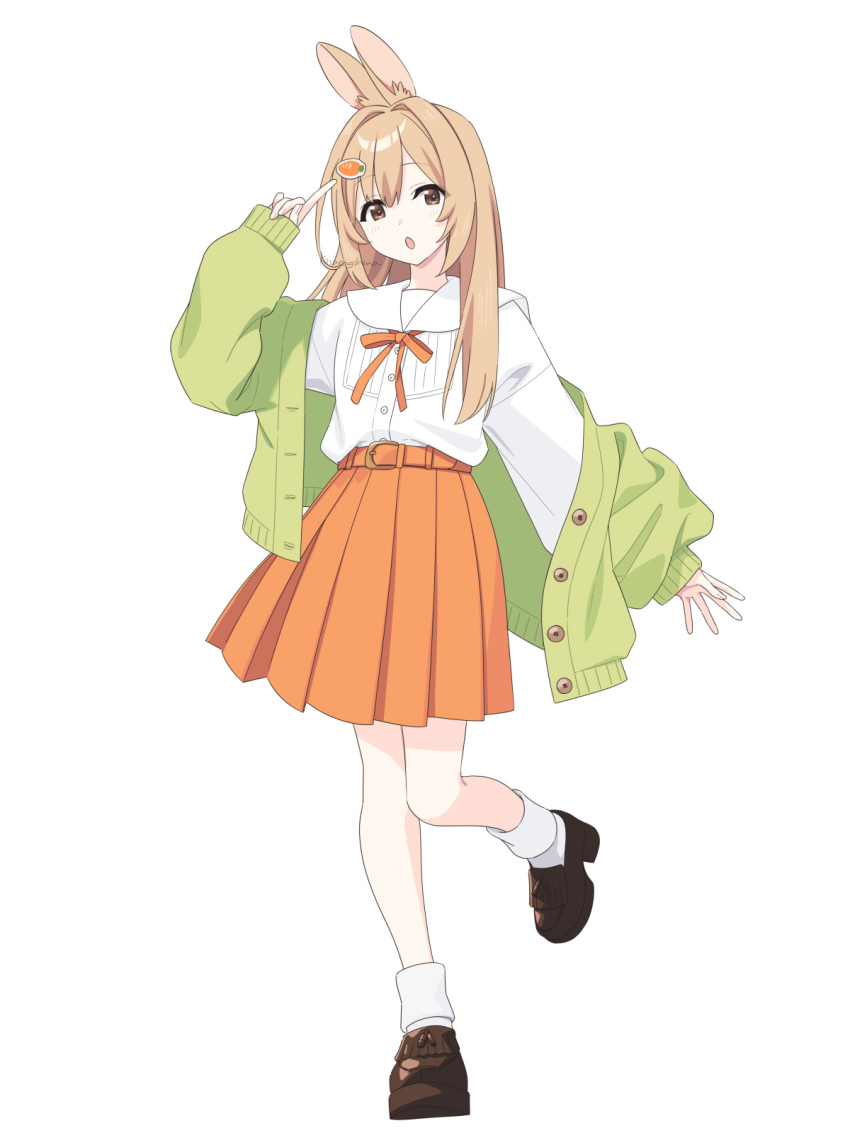 1girl animal_ears blush brown_hair brown_shoes cardigan commentary_request full_body hair_ornament highres kisaragi_hina long_hair looking_at_viewer open_mouth original pink_skirt shirt shoes simple_background skirt socks solo standing standing_on_one_leg white_background white_shirt white_socks yellow_eyes