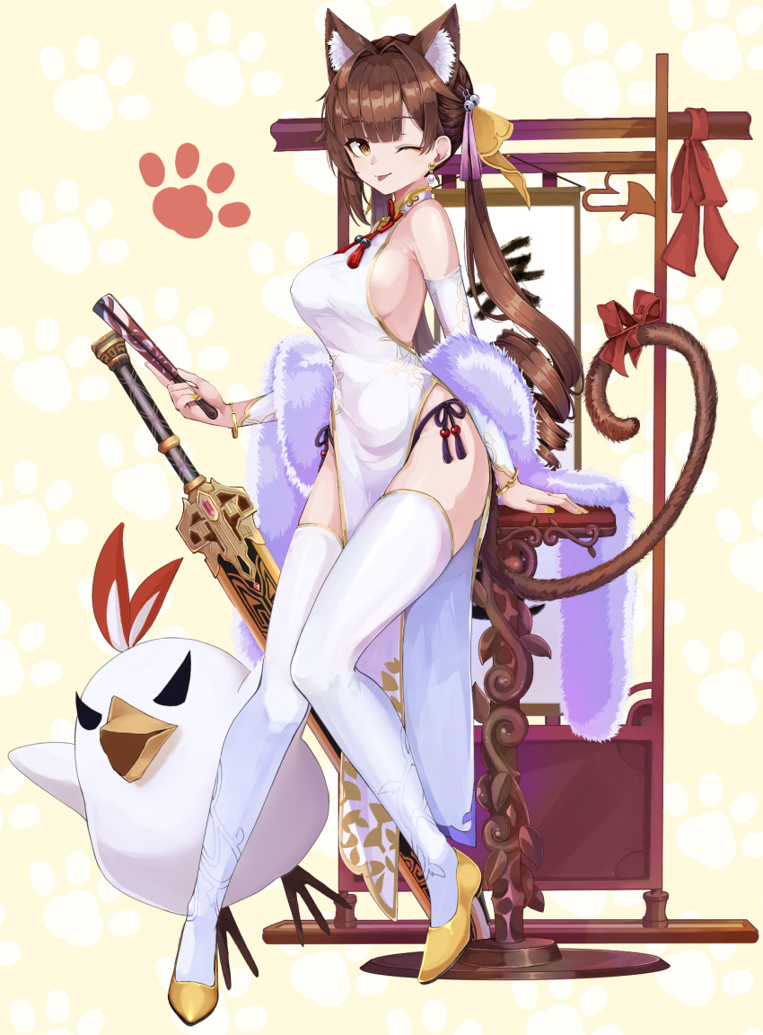 1girl :p alternate_costume animal_ear_fluff animal_ears bare_shoulders breasts brown_hair cat_ears cat_girl cat_tail china_dress chinese_clothes closed_mouth commentary_request detached_sleeves dress earrings excella_(delltothu) extra_ears folding_fan full_body hair_ornament han_jian_(weapon) hand_fan high_heels highres holding honkai:_star_rail honkai_(series) jewelry large_breasts long_hair long_sleeves looking_at_viewer one_eye_closed panties paw_print pelvic_curtain ribbon shawl shoes side-tie_panties sideboob sitting solo sushang_(honkai:_star_rail) sword tail tail_ornament tail_ribbon tassel tassel_hair_ornament thighhighs tongue tongue_out twintails underwear weapon white_sleeves white_thighhighs wink yellow_eyes yellow_nails yellow_shoes