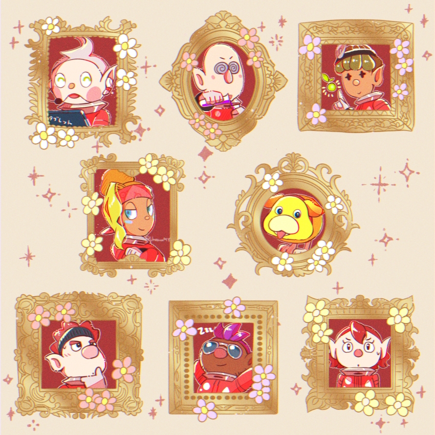 +_+ 2girls 5boys :o @_@ ^_^ animal_collar arms_behind_head bald bernard_(pikmin) big_nose black_eyes black_headband blonde_hair blue_eyes blush_stickers closed_eyes closed_mouth collar collin_(pikmin) crossed_arms dark-skinned_female dark-skinned_male dark_skin determined dingo_(pikmin) dog eyelashes flower fukkatsu_no_maya furrowed_brow glasses gloves green_hair grey_background grey_hair hair_bun hand_on_own_chin happy head_mirror headband headset highres holding holding_beaker holding_tablet_pc jumpsuit long_bangs marking_on_cheek multiple_boys multiple_girls nintendo no_headwear notice_lines novelty_glasses oatchi_(pikmin) opaque_glasses outline photo_(object) picture_frame pikmin_(series) pikmin_4 pink_flower pointing pointing_up pointy_ears pouring purple_background purple_flower purple_hair red_collar red_hair red_headband red_jumpsuit rescue_corps rescue_officer_(pikmin) round_eyewear russ_(pikmin) seed shepherd_(pikmin) short_hair simple_background single_bang single_hair_bun smile solid_eyes spacesuit sparkle spiked_hair straight-on sunglasses sweatdrop tablet_pc thick_eyebrows thinking tongue twitter_username updo very_short_hair white_flower white_gloves white_outline yellow_flower yonny_(pikmin)