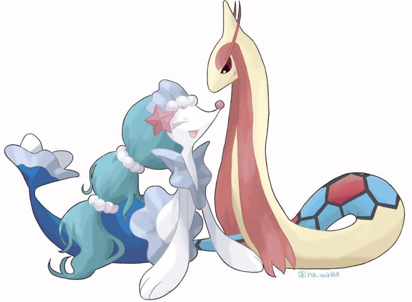 blue_hair closed_eyes full_body gen_3_pokemon gen_7_pokemon ha_wa163 highres long_hair milotic nintendo no_humans open_mouth pokemon pokemon_(creature) primarina profile sea_serpent simple_background smile star_(symbol) twitter_username very_long_hair white_background