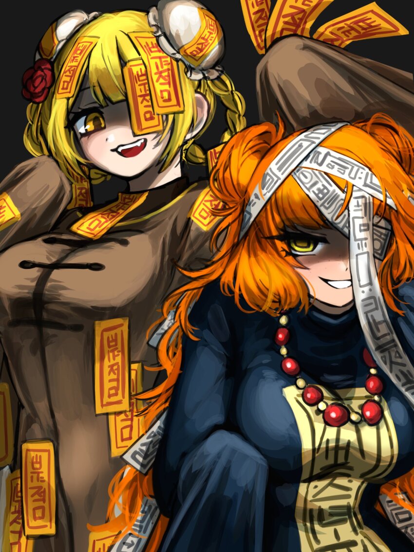 2girls beads black_background blonde_hair blue_robe breasts brown_coat coat don_quixote_(project_moon) double_bun e.g.o_(project_moon) fangs flower hair_bun highres hundred-footed_death_maggot_(e.g.o) ishmael_(project_moon) large_breasts limbus_company long_hair looking_at_viewer multiple_girls nra_3614 ofuda one_eye_covered open_mouth orange_hair prayer_beads project_moon red_flower red_rose red_sheet_(e.g.o) robe rose short_hair simple_background sleeves_past_fingers sleeves_past_wrists standing talisman upper_body yellow_eyes