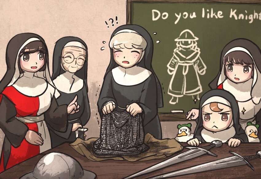 !? 5girls armor bird brown_eyes brown_hair chainmail chalkboard character_request closed_eyes commentary duck english_commentary english_text freckles frog_headband froggy_nun_(diva) glasses grey_hair habit heavy ironlily little_nuns_(diva) mother_superior_(diva) multiple_girls nun old old_woman ordo_mediare_sisters_(ironlily) round_eyewear sheep_nun_(diva) sword traditional_nun weapon
