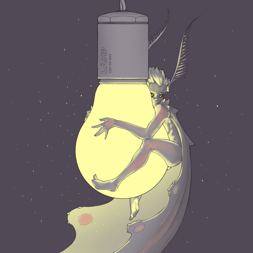 1girl \||/ arthropod_girl black_sclera breasts closed_mouth colored_sclera colored_skin dust full_body grey_background highres hugging_object insect_girl insect_wings lamp light_bulb light_particles medium_breasts monster_girl moth_antennae moth_girl moth_wings nude original semi-transparent solo tailbox white_hair white_skin wings yellow_eyes