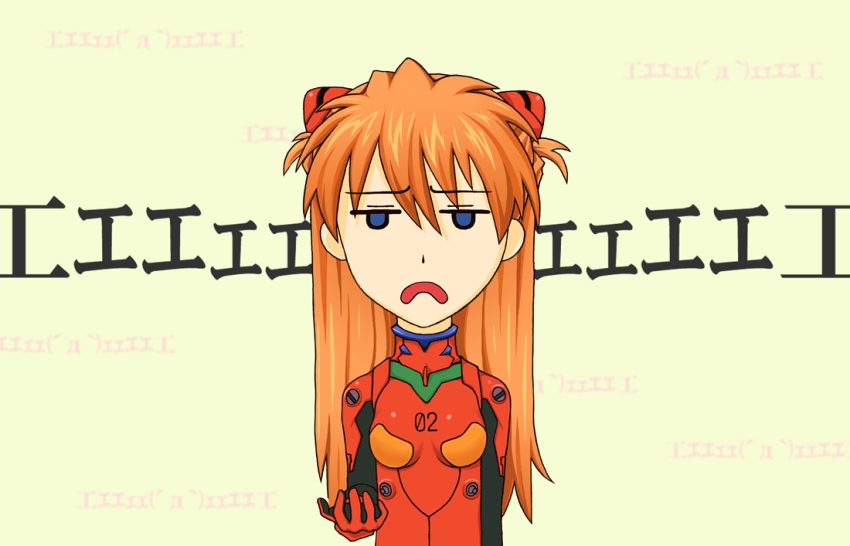 1girl :&lt; blue_eyes bodysuit breasts hair_ornament long_hair looking_at_viewer mecha_pilot_suit neon_genesis_evangelion pixiv1478062 plugsuit_(evangelion) red_bodysuit shiny_clothes simple_background solo souryuu_asuka_langley translation_request two_side_up