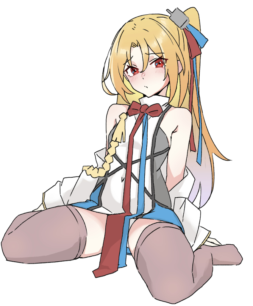 1girl azur_lane bare_shoulders blonde_hair blush bow bowtie bu4321 cleveland_(azur_lane) closed_mouth clothes_down dress full_body highres jacket lexington_(azur_lane) long_hair looking_at_viewer no_shoes panties parted_bangs raised_eyebrows red_bow red_bowtie red_eyes side_ponytail simple_background sitting solo strapless strapless_dress thighhighs underwear wariza white_background white_jacket white_panties