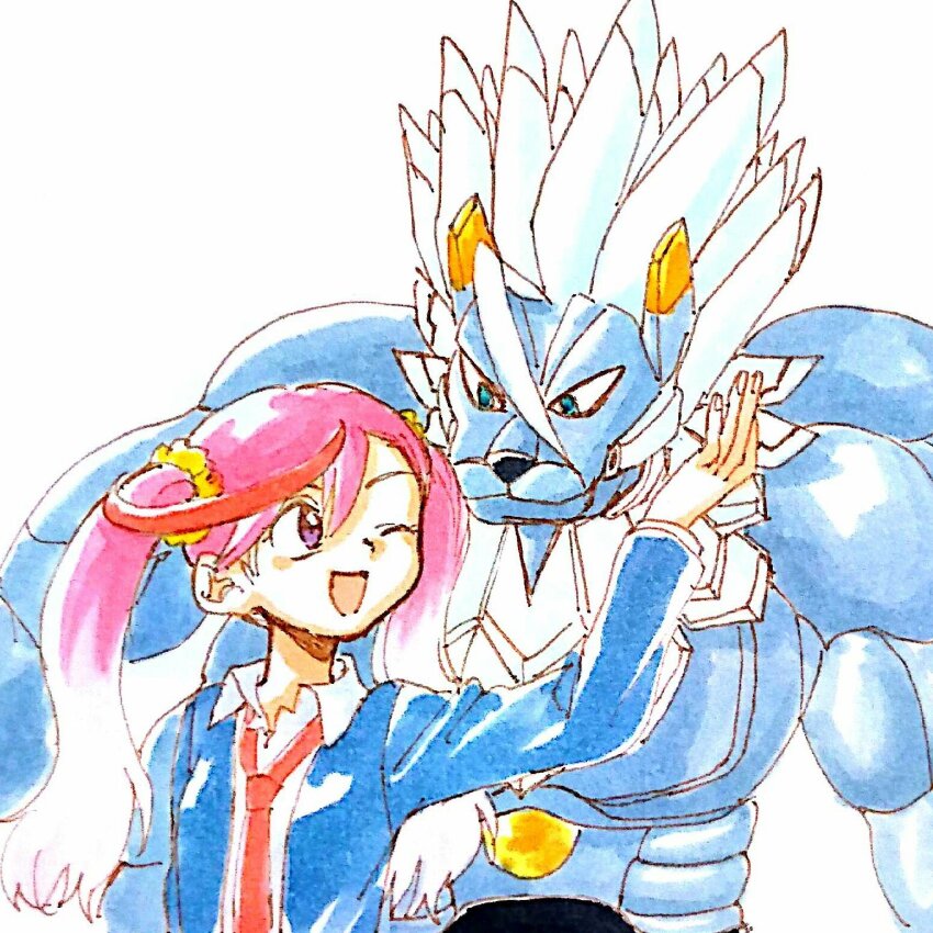 1boy 1girl coat digimon digimon_(creature) digimon_universe:_appli_monsters highres karan_eri long_hair muscular muscular_male necktie oujamon twintails