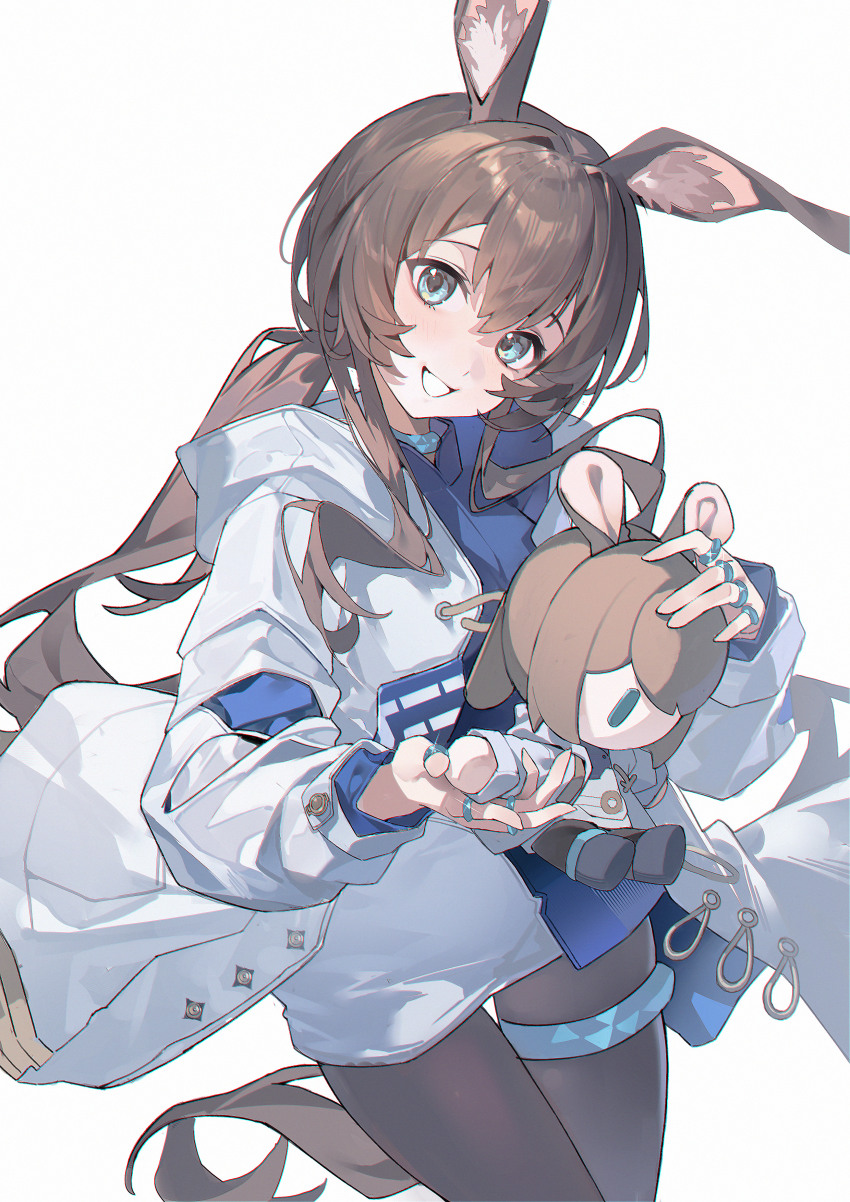 1girl absurdres amiya_(arknights) animal_ear_fluff animal_ears arknights black_pantyhose brown_hair character_doll chinese_commentary commentary_request cowboy_shot doll grin highres holding holding_doll infection_monitor_(arknights) jewelry long_hair looking_at_viewer lushi_jin_up neck_ring pantyhose rabbit_ears rabbit_girl simple_background smile solo very_long_hair white_background