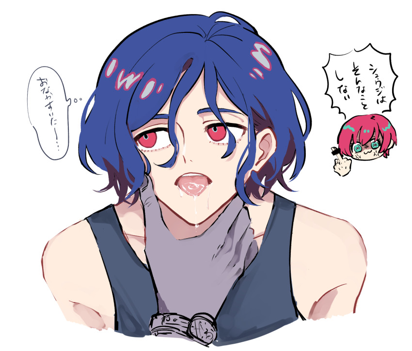 1boy 1girl 1other amate_yuzuriha anger_vein aqua_eyes blue_hair chibi chibi_inset colored_inner_hair gundam gundam_gquuuuuux highres lower_eyelashes_only makachan male_focus middle_finger multicolored_hair open_mouth purple_hair red_eyes red_hair short_hair shuji_ito simple_background sleeveless speech_bubble suggestive_fluid tank_top thought_bubble tongue tongue_out two-tone_hair white_background