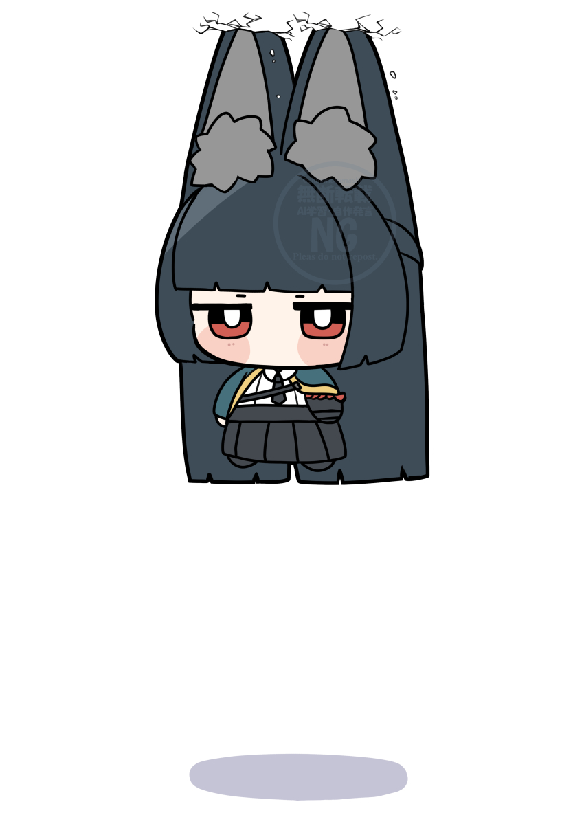 1girl absurdres animal_ear_fluff animal_ears long-eared_miyabi_(meme) black_hair black_necktie black_skirt blunt_bangs blush chibi chibi_only commentary_request crack dress_shirt fox_ears fox_girl green_jacket high-waist_skirt highres hoshimi_miyabi jacket long_hair looking_ahead meme necktie red_eyes shadow shinonome_nashi shirt sidelocks simple_background skirt solo standing typo watermark white_background white_shirt zenless_zone_zero