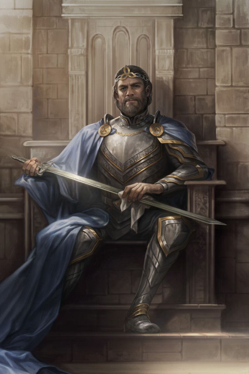 1boy absurdres armor artist_request atomhawk beard blue_cape blue_eyes brown_hair cape circlet european_clothes facial_hair highres holding holding_sword holding_weapon indoors looking_at_viewer short_hair solo stone_wall sword the_elder_scrolls the_elder_scrolls_legends vambraces wall weapon