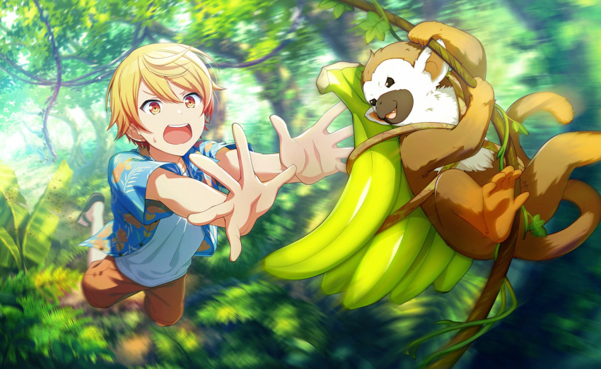 1boy bad_source banana blonde_hair brown_shorts food fruit hair_between_eyes highres jungle lemur male_focus nature official_art palms project_sekai sandals shirt short_sleeves shorts teeth tenma_tsukasa third-party_source upper_teeth_only white_shirt zettai_zetsumei!?_island_panic!_(project_sekai)