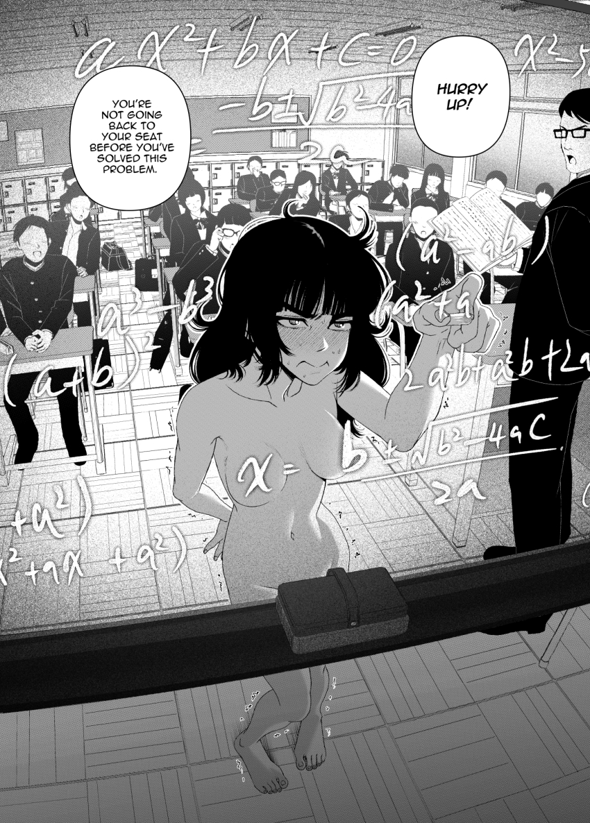5girls 6+boys :d bag barefoot blush board_eraser breasts chair chalk classroom clothed_female_nude_female clothed_male_nude_female comic commentary completely_nude desk embarrassed english_commentary english_text frown gakuran glasses greyscale highres holding holding_chalk humiliation kusujinn long_hair md5_mismatch medium_breasts monochrome multiple_boys multiple_girls naked_school_attendance navel neck_ribbon nude open_mouth original paid_reward_available public_indecency public_nudity ribbon school_bag school_chair school_desk school_uniform sitting smile sweat toes trembling x-ray