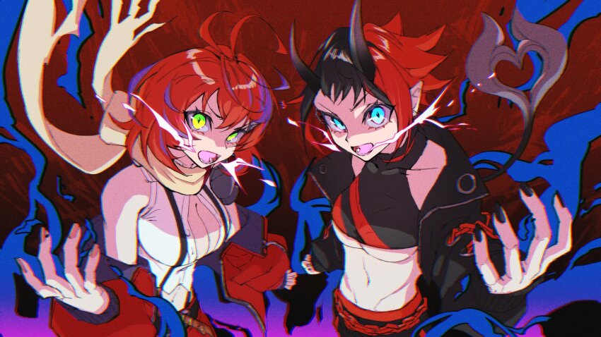 2girls akane_canna akane_canna_(1st_costume) black_hair black_jacket black_nails black_sports_bra blue_eyes breasts buttons chain cleavage commentary_request crop_top demon_girl demon_horns demon_tail fingernails gin_(tttetu123) green_eyes highres horns jacket large_breasts long_sleeves looking_at_viewer midriff multicolored_hair multiple_girls nanashi_inc. navel off_shoulder open_clothes open_jacket open_mouth open_shirt pointy_ears purple_hair red_background red_hair red_jacket red_sports_bra ryugasaki_rene shaded_face shirt short_bangs short_hair sleeveless sleeveless_shirt sports_bra streaked_hair tail two-tone_hair two-tone_sports_bra underboob upper_body v-shaped_eyebrows virtual_youtuber white_shirt