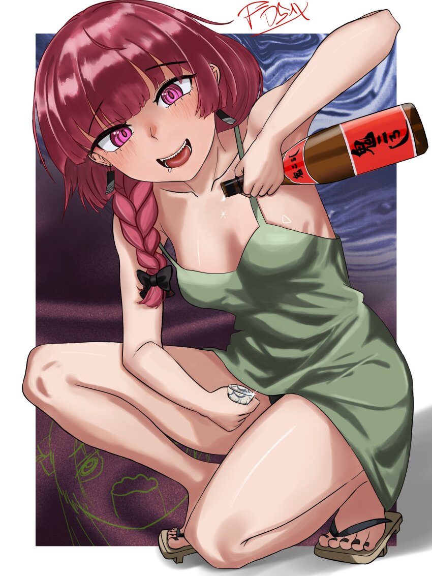 absurdres bocchi_the_rock! bottle braid commentary drunk fos1x highres hiroi_kikuri red_eyes red_hair revealing_clothes sake_bottle saliva squatting symbol-only_commentary