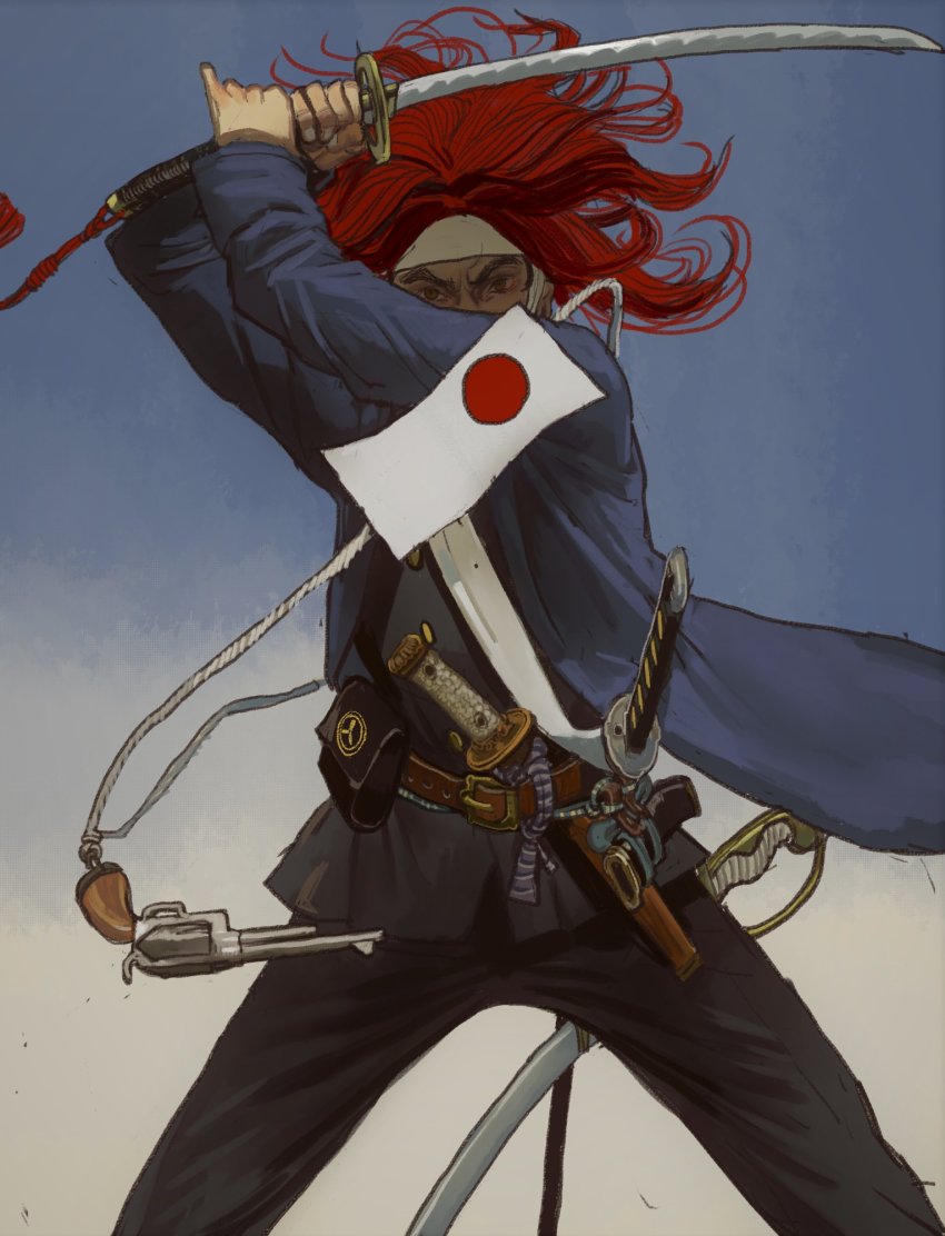 1boy armband belt black_pants blue_jacket brown_belt brown_eyes fighting_stance gun handgun hands_up highres holding holding_sword holding_weapon jacket katana lanyard long_hair long_sleeves looking_at_viewer male_focus mossacannibalis multiple_swords open_clothes open_jacket pants pistol pouch red_hair revolver saber_(weapon) scabbard shaguma sheath solo sword total_war total_war:_shogun_2 two-handed unworn_armband wakazashi weapon