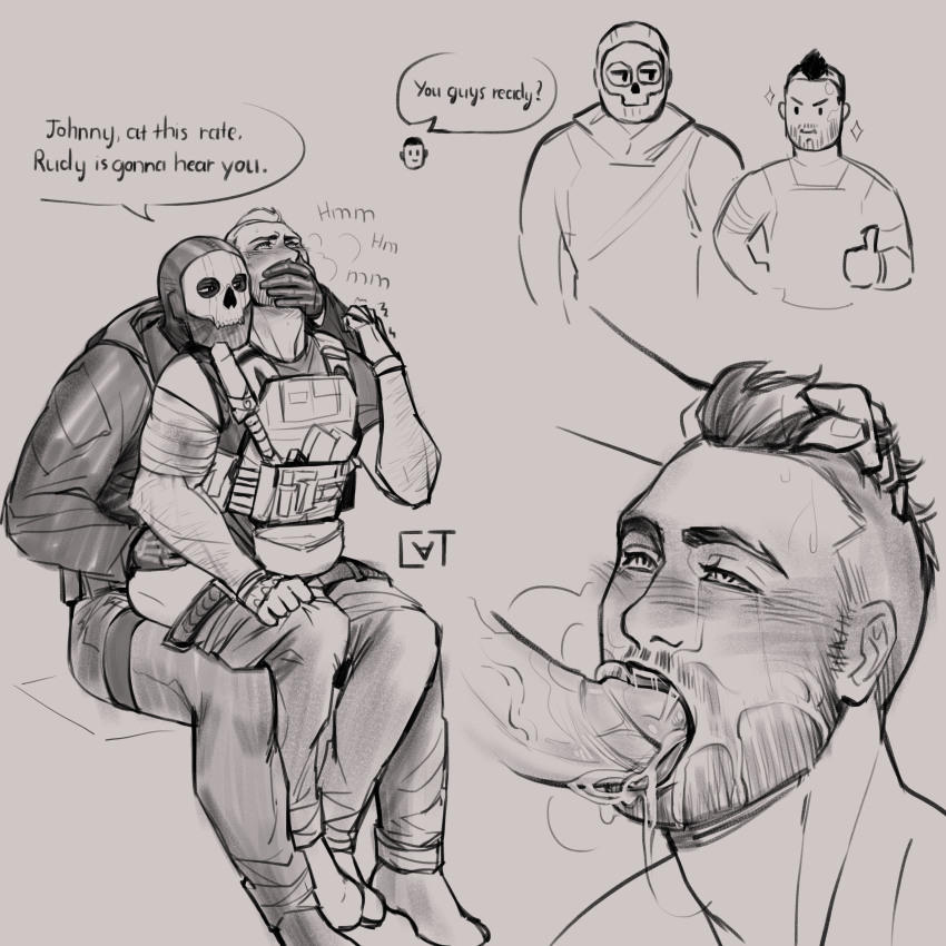2boys absurdres anal asymmetrical_hair bara blush bulletproof_vest call_of_duty call_of_duty:_modern_warfare_2 clothed_sex clothes_pull cum cum_in_mouth english_text facial_hair ghost_(modern_warfare_2) gloves greyscale hand_on_another&#039;s_head highres hood hood_down hooded_jacket jacket looking_at_another male_focus male_penetrated mask monochrome multiple_boys muscular muscular_male open_mouth pants pants_pull sex shirt short_hair sidecut sitting sitting_on_person skull_mask soap_(modern_warfare_2) sundaycat3 undercut yaoi