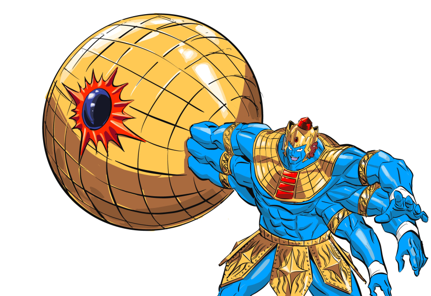 1boy abs armlet armor ashuraman biceps blue_skin bracelet colored_skin extra_arms groin helmet highres holding holding_weapon jewelry kinnikuman large_pectorals manly monster_boy multiple_faces muscular open_mouth pectorals sunshine_(kinnikuman) sushio teamwork weapon