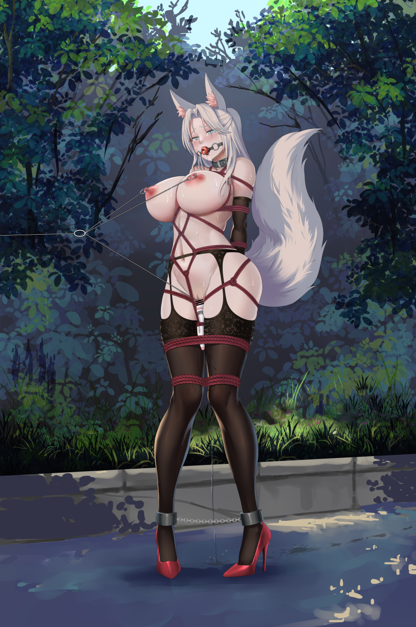 1girl absurdres animal_ear_fluff animal_ears ankle_cuffs arms_behind_back ball_gag bar_censor bdsm bitch_taken_for_walk black_garter_belt black_thighhighs blue_eyes bondage bound bound_arms bound_legs breasts censored chain chained chained_ankles chained_cuffs clitoris_leash clitoris_linked_out_of_frame clitoris_piercing clitoris_ring collar cuffs day elbow_gloves exhibitionism female_focus fixed_toy fixed_vibrator fox_ears fox_girl fox_tail gag garter_belt garter_straps gloves high_heel_shoes high_heels highres hitachi_magic_wand large_breasts legs_tied_together navel nipple_leash nipple_piercing nipple_rings nipples nipples_linked_out_of_frame nude original outdoors piercing public_indecency pussy pussy_piercing rope sex_toy shibari shoes solo tail thighhighs vibrator white_hair wiffle_gag yukumo_no_ki