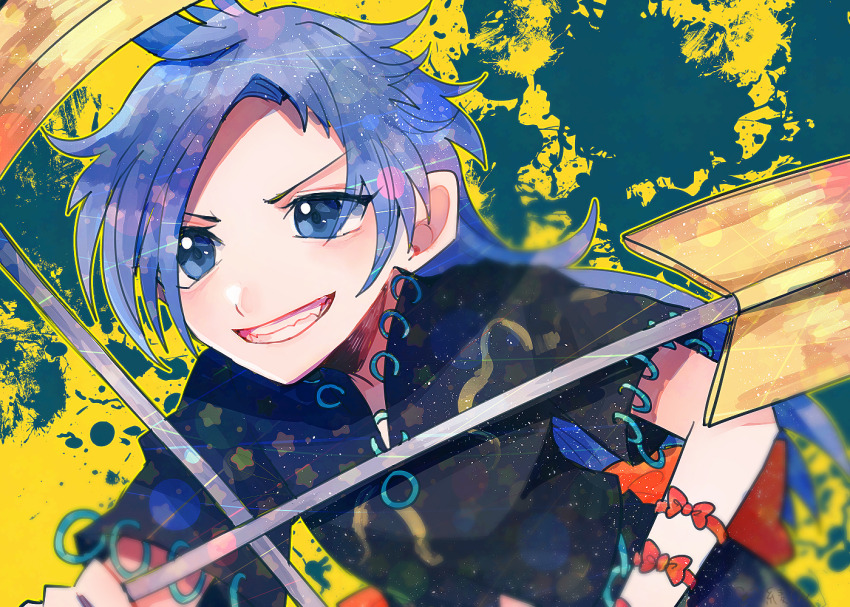 1girl aegyo_sal arm_ribbon back_bow black_shirt blue_eyes blue_hair blurry bow commentary_request fangs fighting_stance grin himemushi_momoyo holding holding_pickaxe holding_shovel itomugi-kun jewelry long_hair looking_ahead orange_bow partial_commentary pickaxe ribbon ring shirt short_sleeves shovel smile solo star_(symbol) touhou upper_body