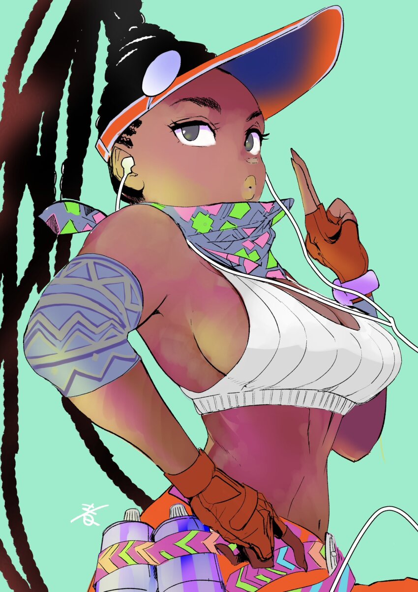 1girl black_hair breasts brown_lips casual cleavage crop_top dark-skinned_female dark_skin earbuds earphones elbow_pads fingerless_gloves gloves green_background grey_eyes hand_on_own_hip hat high_ponytail highres hiroshi_mono kimberly_jackson large_breasts long_hair midriff navel neckerchief no_bra official_alternate_costume official_alternate_hairstyle pants plunging_neckline ponytail puckered_lips quad_braids red_gloves red_hat red_pants salute sideboob single_elbow_pad sleeveless solo spray_can street_fighter street_fighter_6 thick_eyebrows toned toned_female two-finger_salute very_dark_skin very_long_hair visor_cap