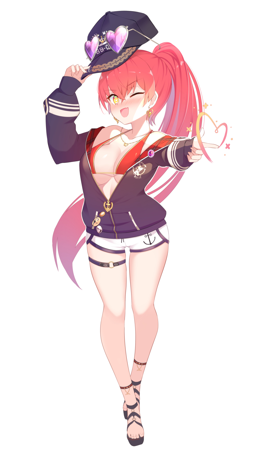 1girl ;d absurdres bad_id bad_twitter_id bare_legs bikini bikini_under_clothes black_jacket blush breasts commentary_request earrings eyewear_on_headwear full_body hair_between_eyes halterneck hat heart heart-shaped_eyewear heart-shaped_pupils heart_earrings heart_necklace highres holding holding_unworn_clothes holding_unworn_hat hololive houshou_marine houshou_marine_(summer) jacket jewelry large_breasts long_hair long_sleeves necklace o-ring o-ring_thigh_strap one_eye_closed open_clothes open_jacket open_mouth outstretched_arm partially_unzipped ponytail puffy_long_sleeves puffy_sleeves red_hair sandals short_shorts shorts simple_background smile solo standing sunglasses swimsuit symbol-shaped_pupils thigh_strap thighhighs unworn_hat unworn_headwear very_long_hair virtual_youtuber white_background white_shorts yellow_eyes yuruto