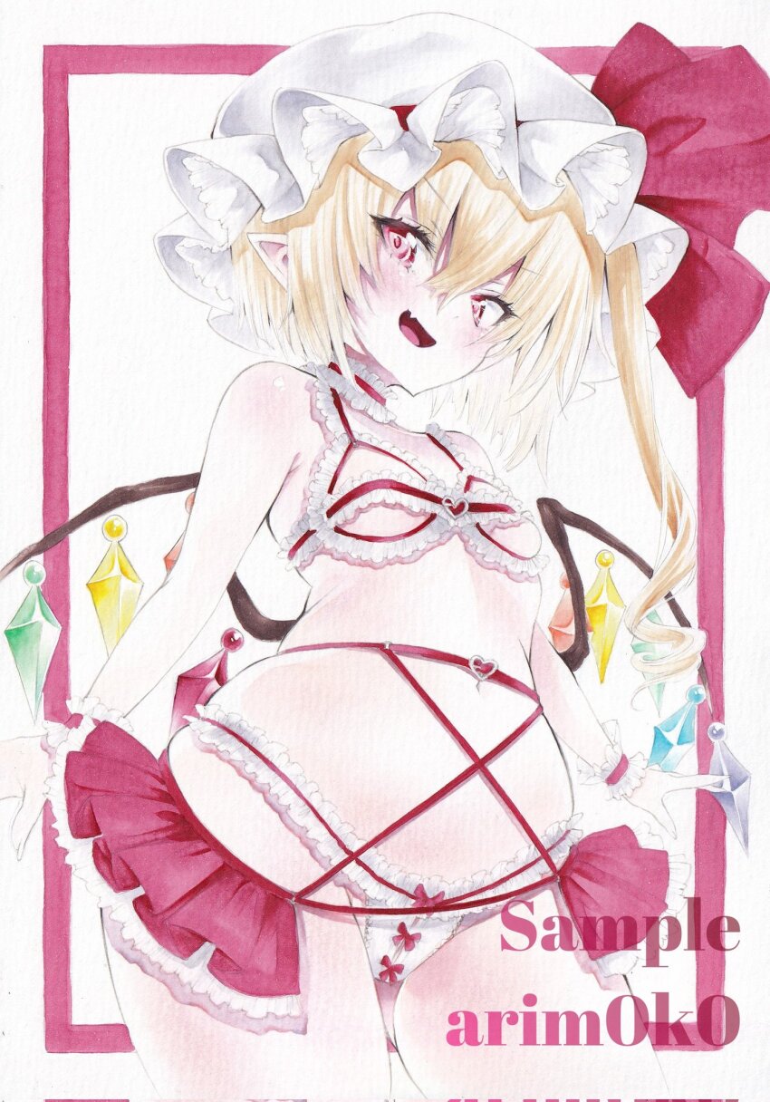 1girl :d arim0k0 artist_name blonde_hair border bra commentary crystal_wings fang flandre_scarlet frilled_bra frills hat hat_ribbon highres lingerie looking_at_viewer marker_(medium) medium_hair miniskirt mob_cap open_mouth panties pointy_ears red_border red_eyes red_ribbon red_skirt ribbon sample_watermark skin_fang skirt smile solo touhou traditional_media underwear watermark white_background white_hat white_panties