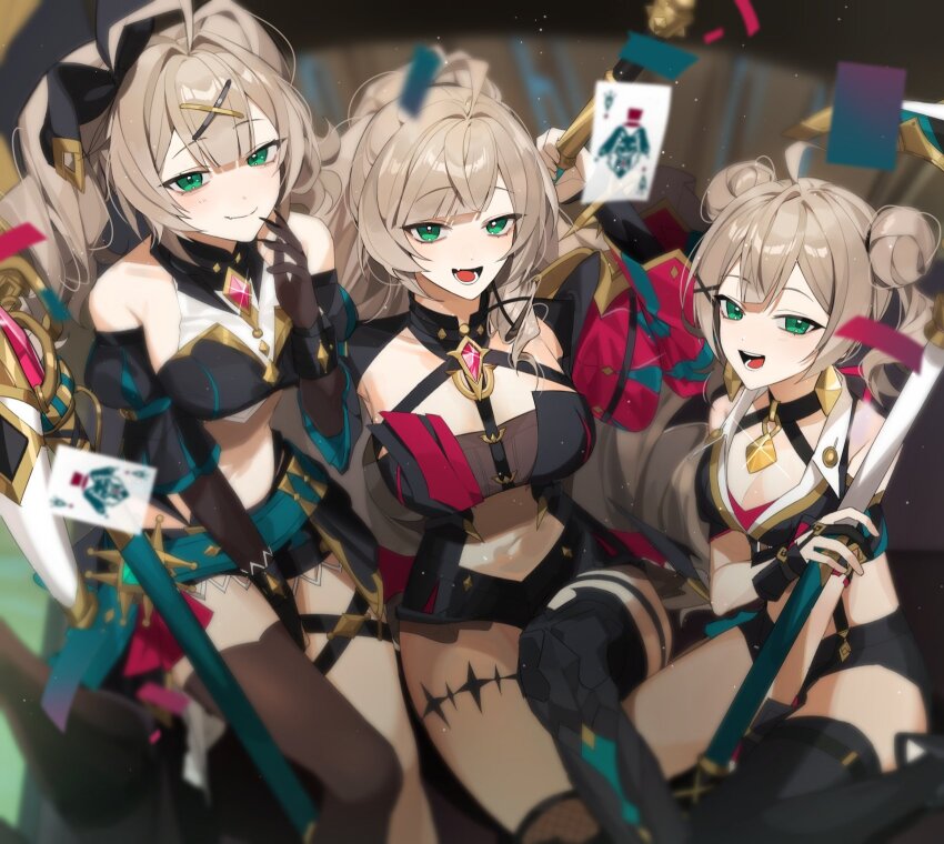3girls breasts brown_hair cleavage criss-cross_halter crop_top cynical_sneer_(elsword) double_bun elbow_gloves elsword feet_out_of_frame floating_card gloves green_eyes hair_bun halterneck highres holding holding_staff knee_up laebim_c large_breasts lithia_beryl_(elsword) long_hair medium_breasts multiple_girls multiple_persona n.e.k.o n.e.k.o_(the_four_seasons_of_farewells) open_mouth partially_fingerless_gloves ponytail short_shorts shorts single_thighhigh sitting staff suspender_shorts suspenders thigh_strap thighhighs twintails ushio wariza yoichi_yukimura