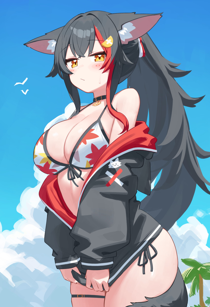 1girl :/ absurdres animal_ear_fluff animal_ears bikini bikini_under_clothes black_hair black_jacket blue_sky blush breasts cleavage closed_mouth commentary_request fox_ears front-tie_bikini_top front-tie_top hair_intakes highres hololive hood hooded_jacket jacket large_breasts leaf_print long_hair looking_at_viewer maple_leaf_print multicolored_hair navel official_alternate_costume official_alternate_hairstyle ookami_mio ookami_mio_(hololive_summer_2019) partially_unzipped ponytail print_bikini red_hair sky solo streaked_hair swimsuit tail tail_around_own_leg tail_wrap thigh_strap tree verdey very_long_hair virtual_youtuber wolf_ears wolf_girl wolf_tail yellow_eyes