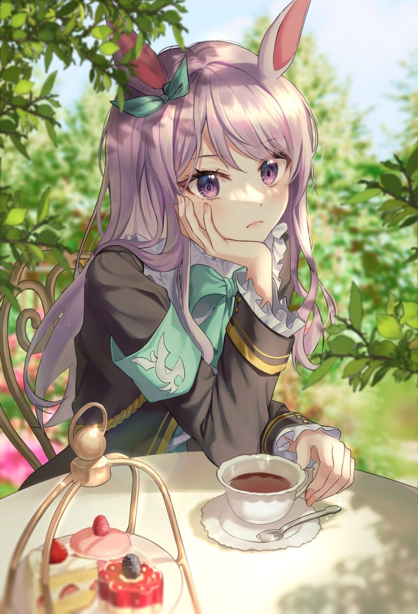 1girl akka_(ak_usaz) animal_ears cake cup expressionless food head_rest highres horse_ears horse_girl jacket long_hair mejiro_mcqueen_(umamusume) nature outdoors purple_eyes purple_hair sitting solo sunlight table tea teacup umamusume upper_body