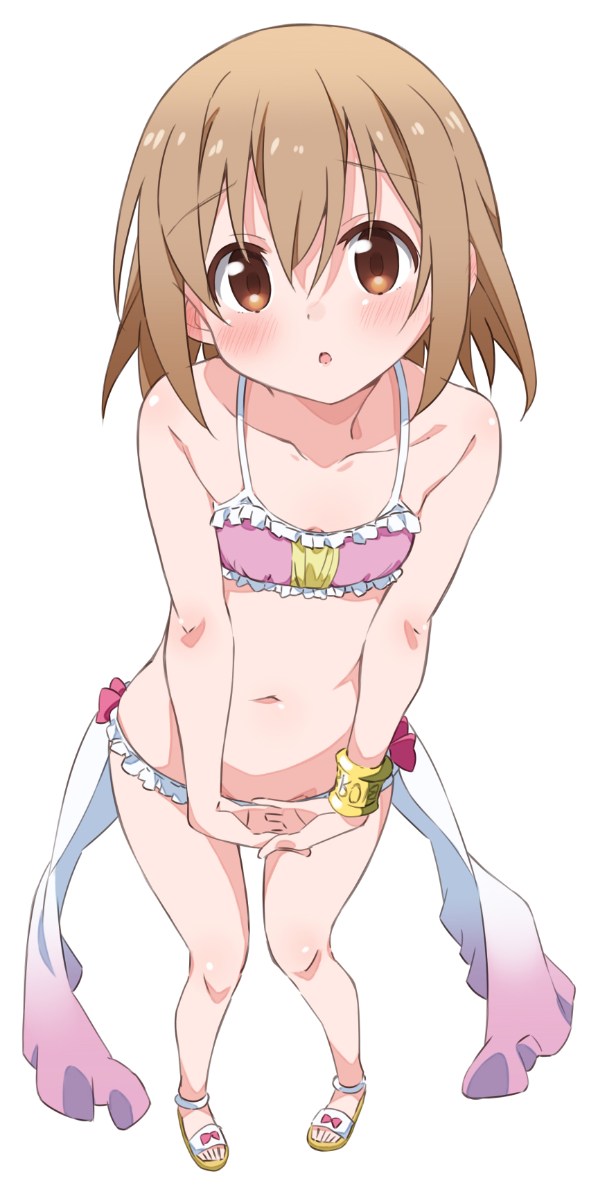 10s 1girl absurdres bikini blush bracelet brown_eyes brown_hair female_focus flat_chest foreshortening frilled_bikini frills from_above full_body hair_between_eyes hanami_yuzuka highres jewelry mahou_shoujo_nante_mou_ii_desukara. mousou_(mousou_temporary) pink_bikini sandals simple_background solo swimsuit white_background