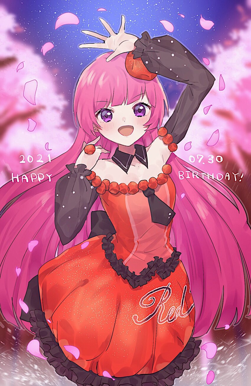 1girl :d arm_up bare_shoulders blunt_bangs blurry blurry_background blush cherry_blossoms commentary_request cowboy_shot dated detached_collar detached_sleeves dress frilled_dress frills hand_up happy_birthday highres hojo_sophy long_hair long_sleeves looking_at_viewer morihayashi open_mouth petals pretty_series pripara purple_eyes red_dress red_hair smile solo standing tree