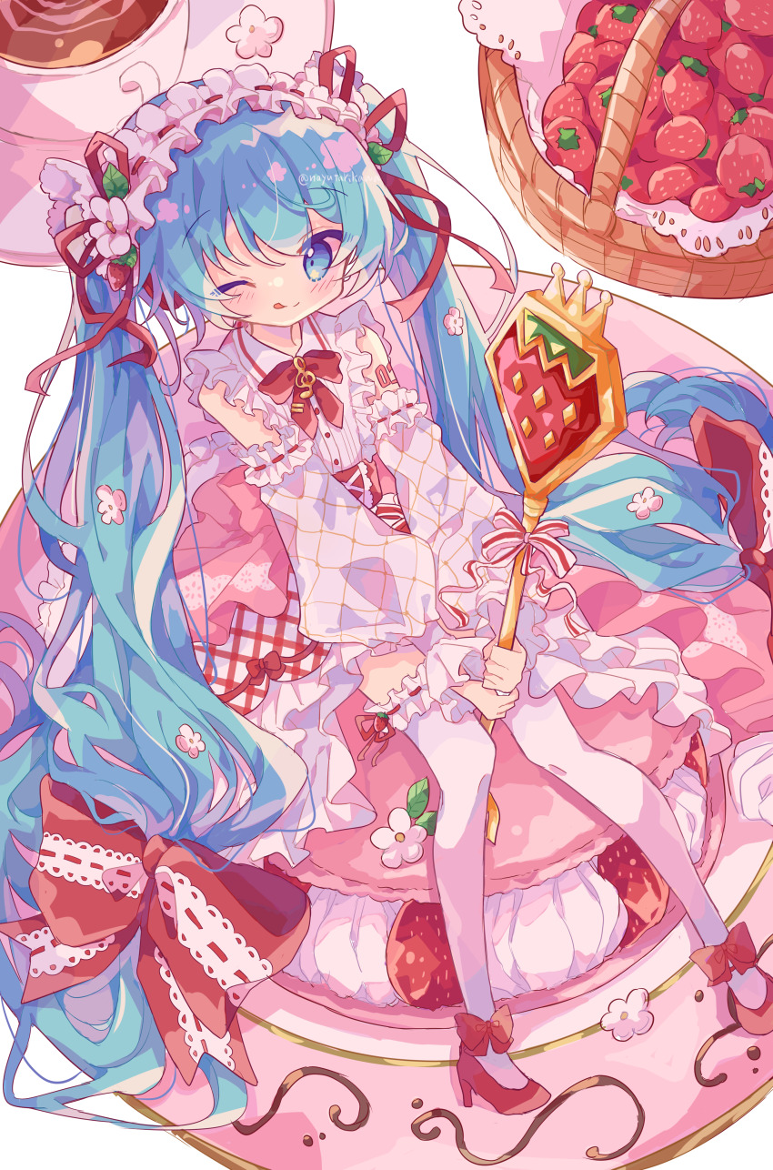 1girl ;q absurdres bare_shoulders basket blue_eyes blue_hair blush bow bowtie buttons cake closed_mouth collared_shirt commentary detached_sleeves food frilled_hairband frilled_skirt frilled_thighhighs frills fruit full_body futaba969649 hair_bow hair_ribbon hairband hatsune_miku high_heels highres holding holding_spoon long_hair long_sleeves looking_at_viewer number_tattoo one_eye_closed pink_skirt red_bow red_bowtie red_ribbon red_shoes ribbon ribbon-trimmed_hairband ribbon-trimmed_thighhighs ribbon_trim shirt shoes shoulder_tattoo sitting skirt smile solo spoon strawberry strawberry_miku_(morikura) tattoo thighhighs tongue tongue_out twintails twitter_username very_long_hair vocaloid white_hairband white_shirt white_thighhighs