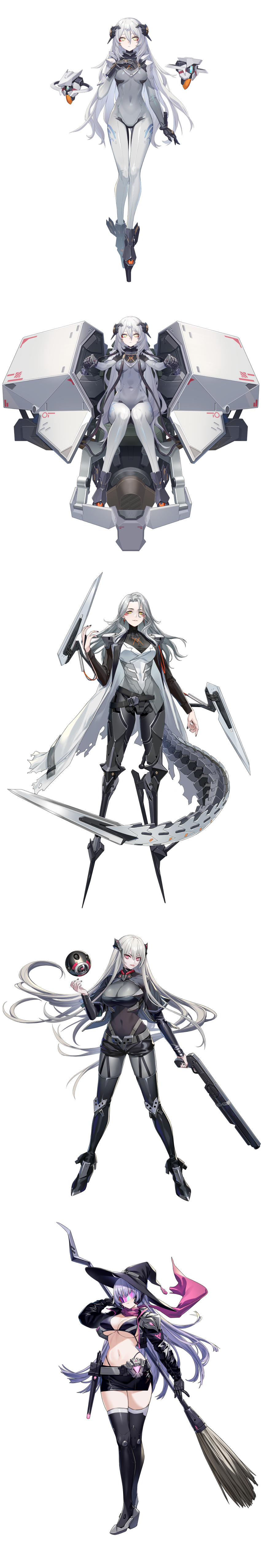 5girls absurdres beak_(girls&#039;_frontline) bikini bikini_top_only black_gloves bodysuit broom cockpit controller dragoon_(girls&#039;_frontline) floating girls&#039;_frontline gloves grey_bodysuit gun hat headgear highres holding holding_gun holding_weapon incredibly_absurdres joystick lady_gray_(girls&#039;_frontline) long_hair long_image looking_at_viewer mecha_pilot_suit mechanical_arms mechanical_legs mechanical_tail miniskirt multiple_girls nyto_(girls&#039;_frontline) official_art paradeus pink_eyes purple_hair skirt swimsuit tail tall_image tareus_(girls&#039;_frontline) weapon white_background white_hair witch_hat yitiao_er-hua