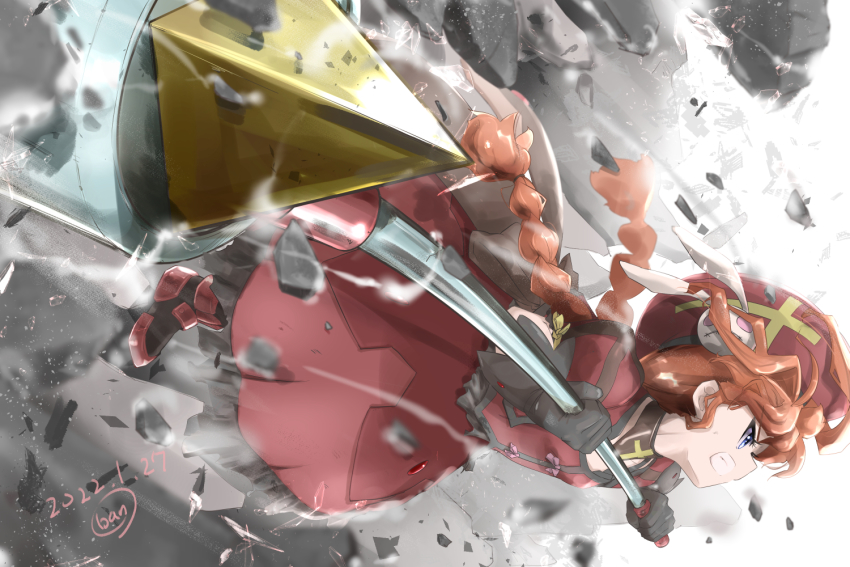 1girl action ban_(777purin) beret blue_eyes braid dated debris dress dutch_angle gloves graf_eisen hat long_hair lyrical_nanoha magical_girl orange_hair profile red_dress red_hat solo twin_braids vita_(nanoha)