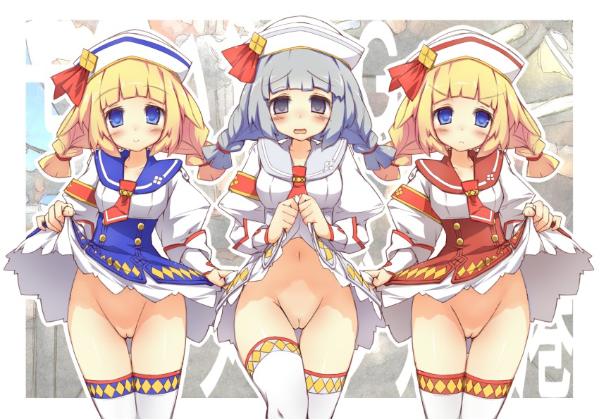 3girls arena_clerk_(monster_hunter_3_ultimate) blonde_hair blue_eyes blush braid capcom character_request chikyuujin_a cleft_of_venus clothes_lift dixie_cup_hat dress dress_lift female_focus grey_eyes grey_hair hair_tie hat long_hair military_hat monster_hunter_(series) monster_hunter_3_g multiple_girls navel no_panties open_mouth pussy quest_receptionist_(monster_hunter_3_ultimate) smile thighhighs thighs twin_braids twintails uncensored white_legwear