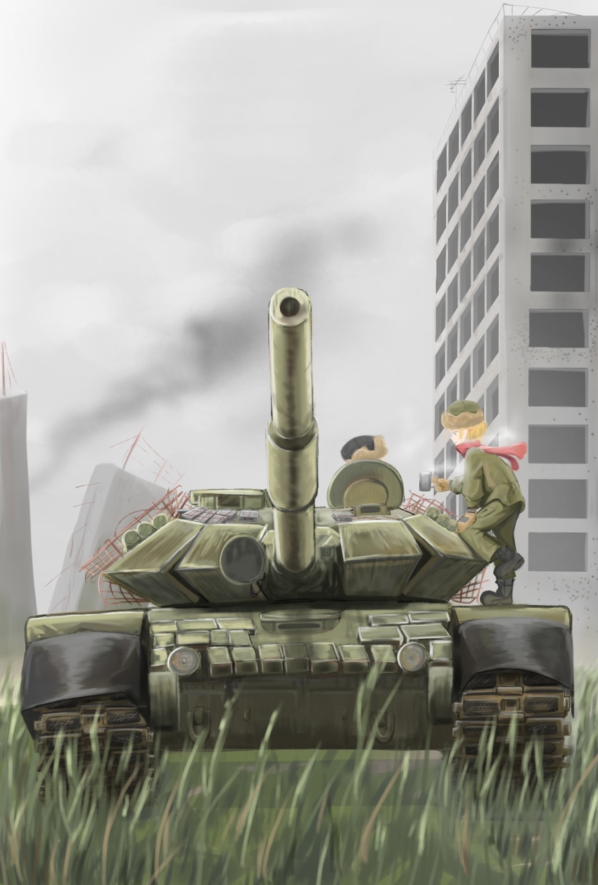 1girl artist_request blonde_hair blue_eyes building caterpillar_tracks cloud cloudy_sky commentary_request cup day fur_hat gloves grass hat highres military military_vehicle motor_vehicle original ruins scarf short_hair sky smile smoke solo t-72 tank traditional_media ushanka