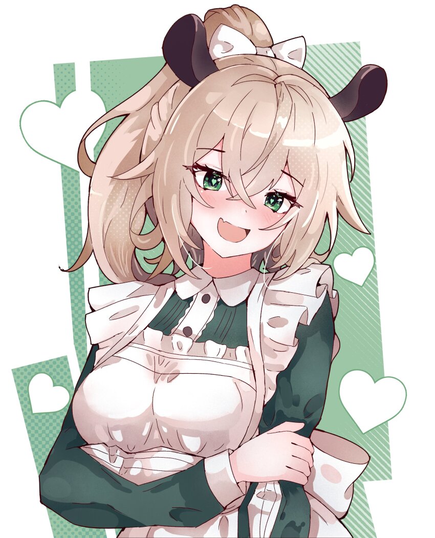 1girl :d absurdres alternate_hairstyle animal_ears apron blonde_hair bow contrast_collar ddrawins dress frilled_apron frills green_dress green_eyes heart high_ponytail highres indie_virtual_youtuber nimi_nightmare open_mouth ponytail round_collar sleeve_slit smile solo tapir_ears tapir_girl white_apron white_bow