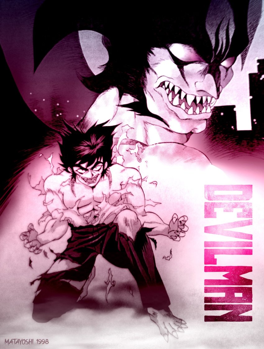 2boys barefoot claws copyright_name demon_boy devilman devilman_(character) exploding_clothes fudou_akira hair_behind_ear highres male_focus matayoshi_(nopple_1000) monochrome multiple_boys muscular muscular_male pants sharp_teeth teeth torn_clothes torn_pants transformation v-shaped_eyebrows