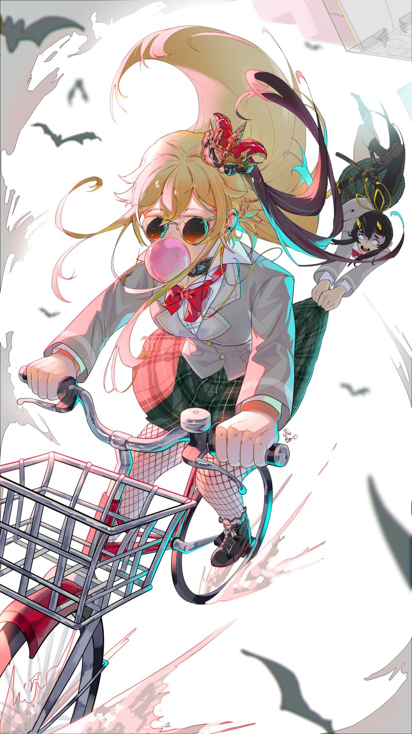 absurdres airborne bat_(animal) bicycle chewing_gum cloud ellie_(housamo) highres holding holding_unworn_clothes kiekoio pink_light plaid_clothes plaid_skirt school_uniform skirt sunglasses suzuka_(housamo) tiara tokyo_houkago_summoners white_background