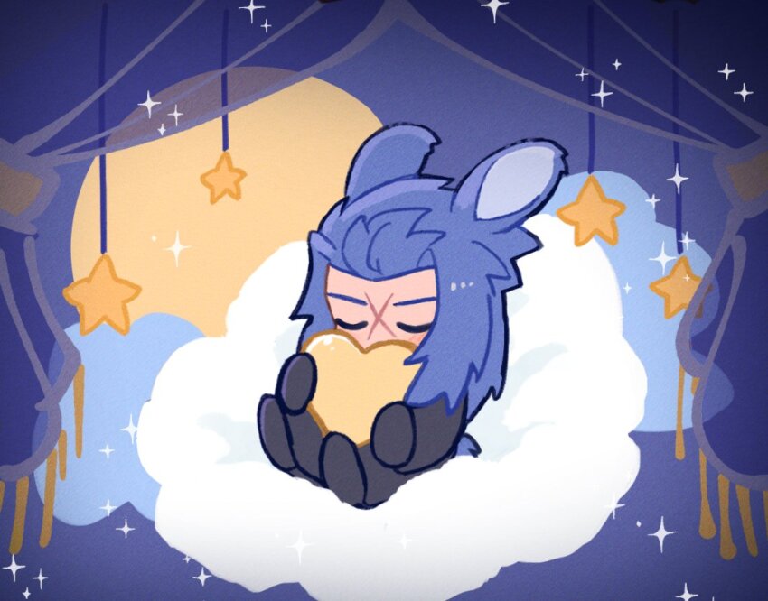 1boy animal_ears black_coat black_coat_(kingdom_hearts) black_gloves black_shoes blue_fur blue_hair blue_theme chibi chibi_only closed_eyes cloud coat commentary cross_scar curtains floating full_body gloves heart hugging_object kingdom_hearts long_hair male_focus moon night night_sky on_cloud rabbit_boy rabbit_ears rabbit_tail saix scar scar_on_face shoes sky solo sparkle squidkid528 star_(symbol) tail