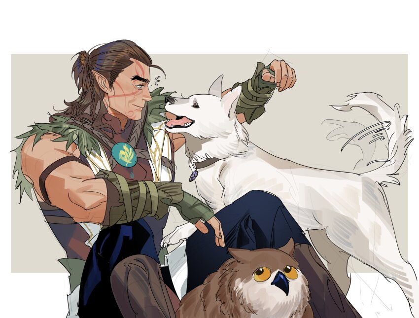 1boy absurdres animal animal_collar baldur&#039;s_gate baldur&#039;s_gate_3 bara brown_eyes brown_hair collar dog dungeons_&amp;_dragons dungeons_&amp;_dragons elf facial_tattoo fingerless_gloves gloves green_gloves greensalad350 halsin highres looking_at_animal male_focus mature_male medium_hair muscular muscular_arms muscular_male owlbear pointy_ears scratch_(baldur&#039;s_gate) simple_background sitting smile solo solo_focus tail tail_wagging tattoo thick_eyebrows vambraces vest