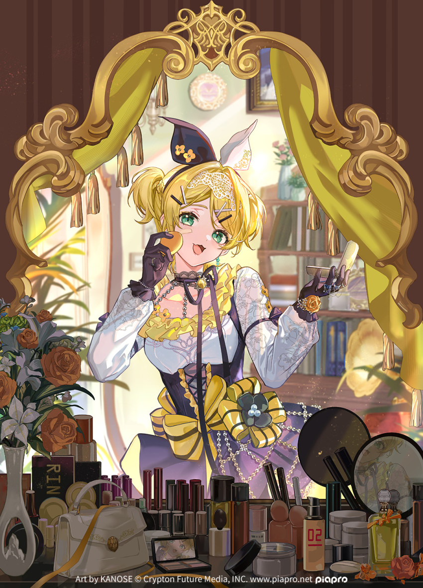 1girl :3 applying_makeup applying_own_makeup artist_name bag black_gloves blonde_hair book bookshelf bottle bow breasts character_name choker copyright_logo copyright_name dress earrings flower framed_breasts gloves green_eyes hair_bow hair_ornament hairband hairclip handbag highres hitokoto holding holding_mirror holding_sponge indoors jewelry kagamine_rin lily_(flower) lipstick logo long_sleeves makeup mirror official_alternate_costume official_art open_mouth perfume_bottle phonograph piapro_studio reflection rose small_breasts smile solo sponge tassel too_many_hair_ornaments underbust vase vocaloid